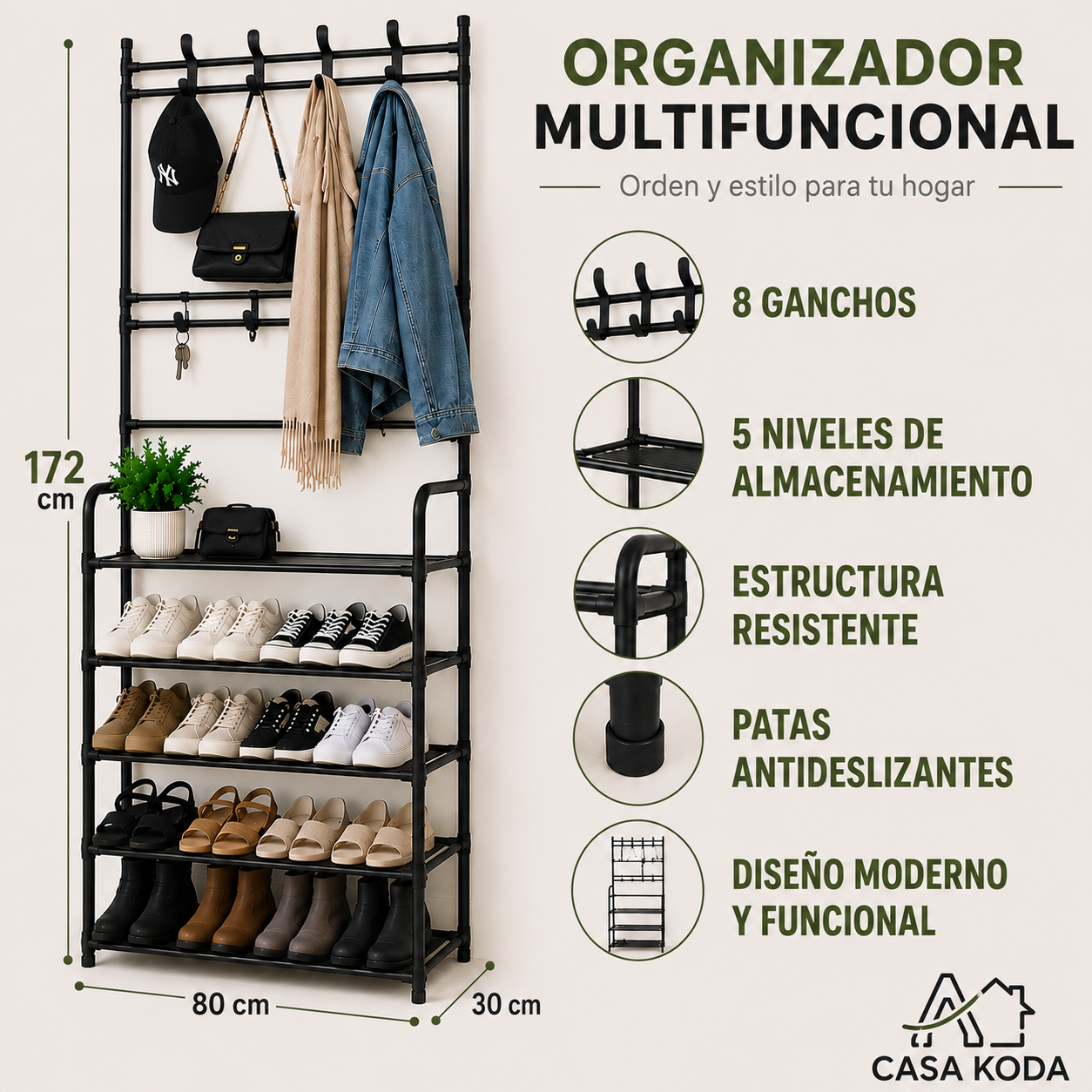 Perchero Zapatero Organizador 5 Estantes 8 Ganchos