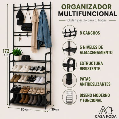 Perchero Zapatero Organizador 5 Estantes 8 Ganchos